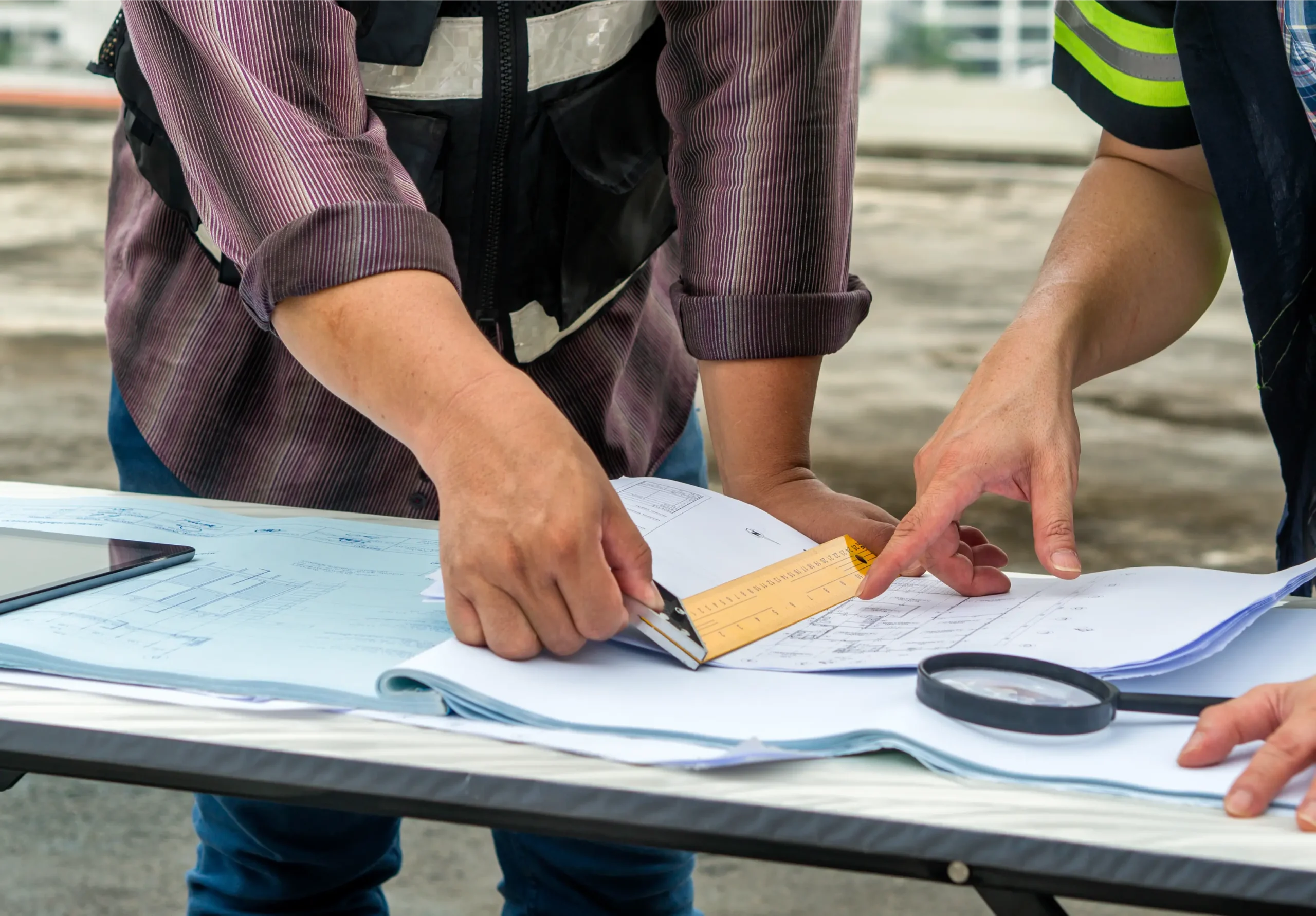 Two inspectors review blueprints and measurements at a work table as part of a Section 8 inspection process.