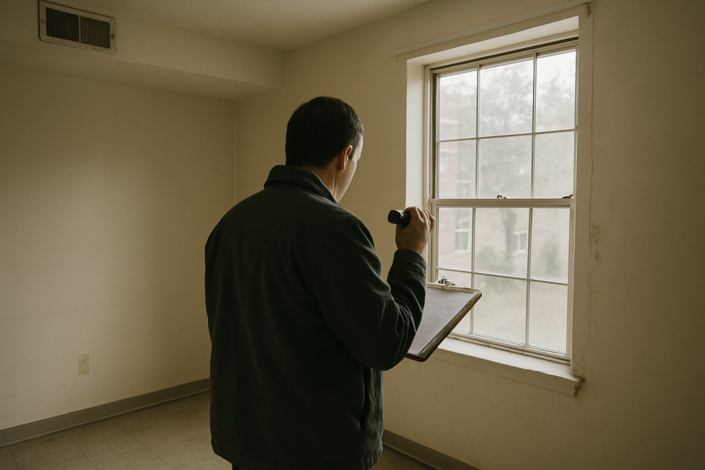 Shows the core service - a pre-inspection walkthrough inside an older Atlanta affordable housing unit - grounding th