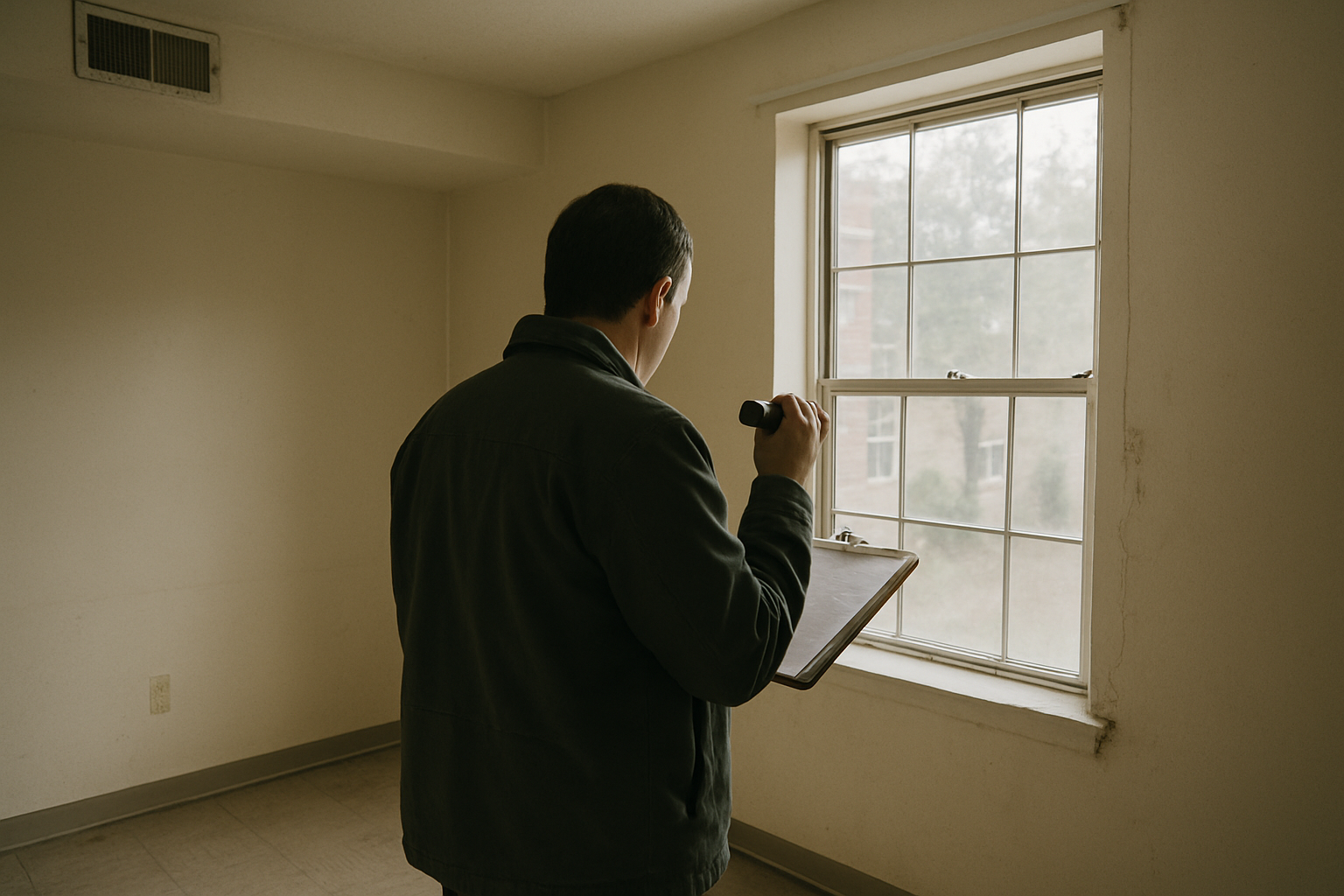 Shows the core service  -  a pre-inspection walkthrough inside an older Atlanta affordable housing unit  -  grounding th