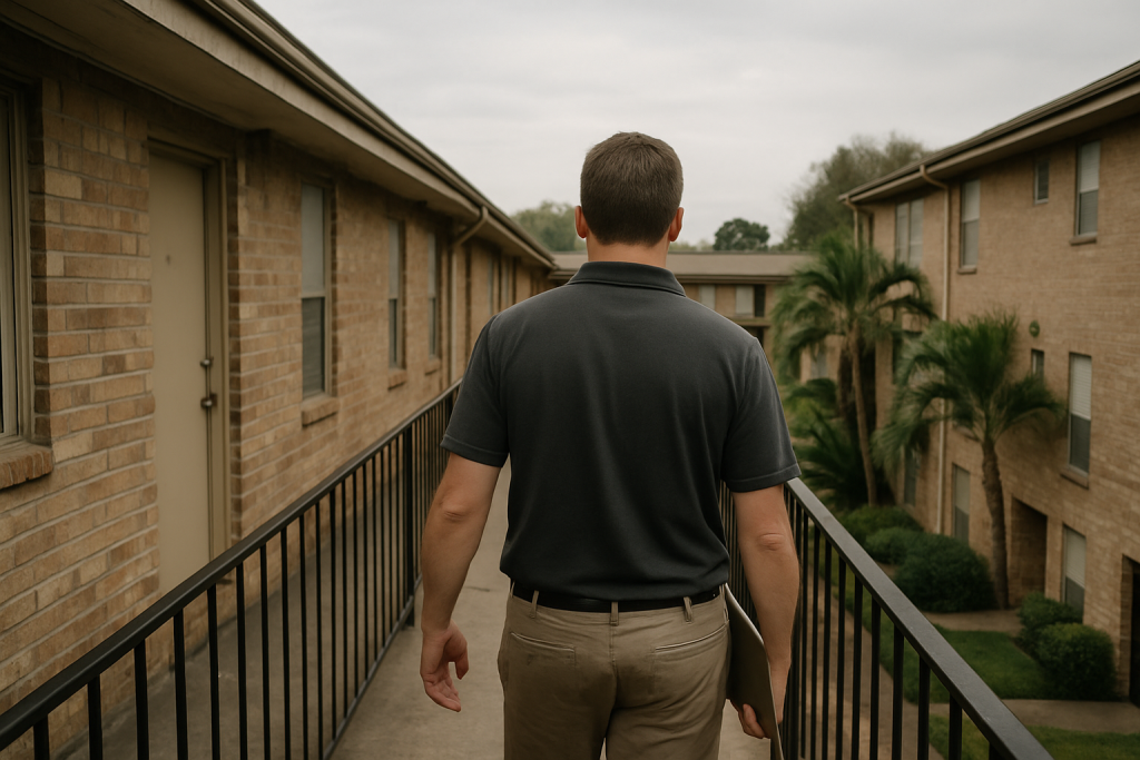 A rear-view walkthrough scene at a realistic Houston affordable-housing complex grounds the TRACS compliance page in the