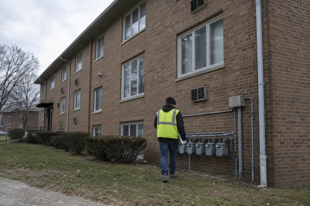 Inspector seen from behind examining the exterior façade of a brick affordable housing apartment building, holding a clipboard, under overcast afternoon light