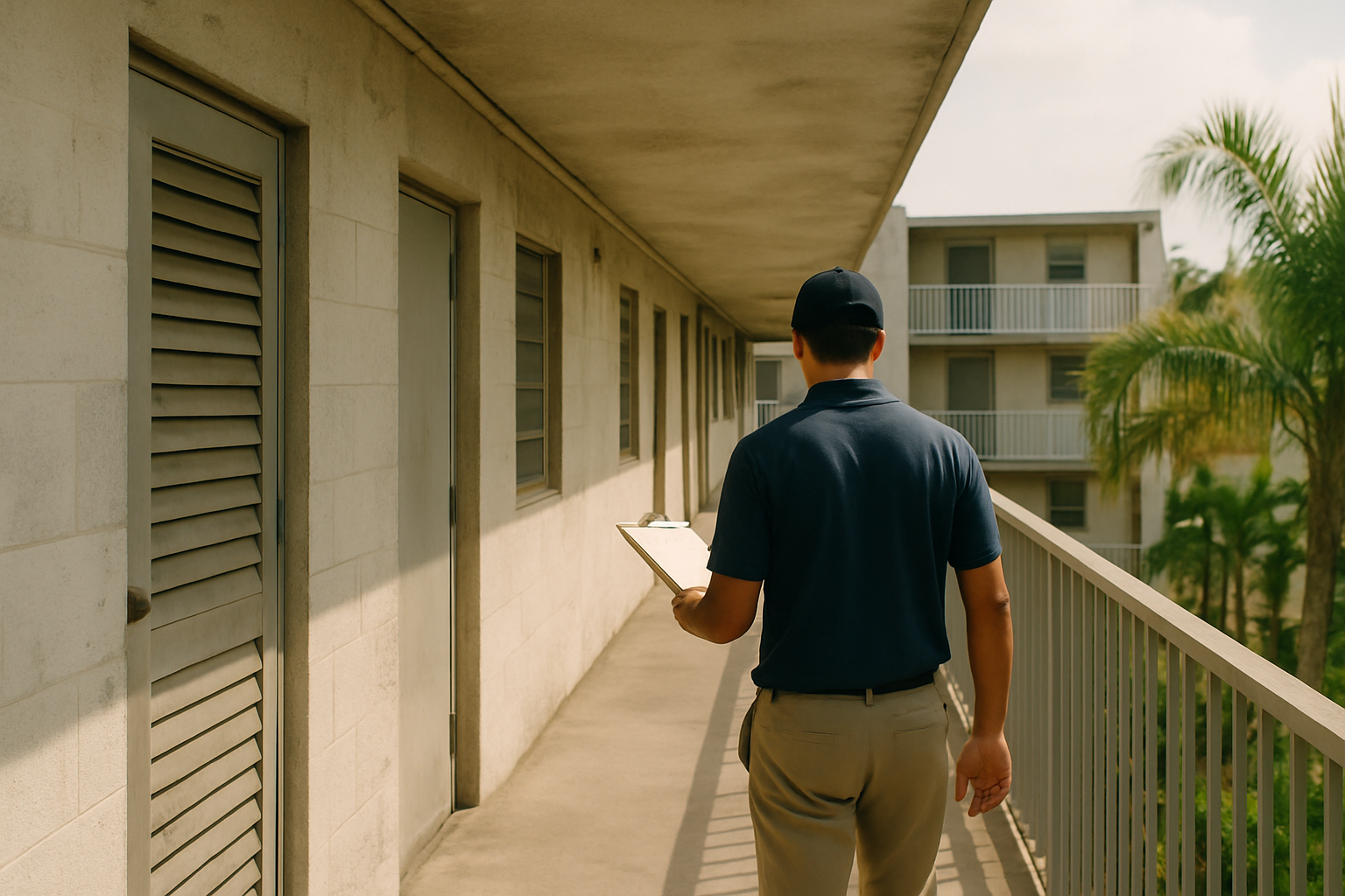 A back-view walkthrough scene at a Miami concrete-block housing property conveys pre-inspection consulting in context wi